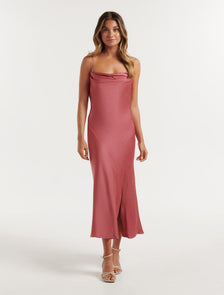 Opal Bias Cowl Satin Midi Dress Slate Pink