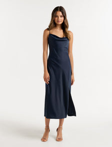 Opal Bias Cowl Satin Midi Dress Navy