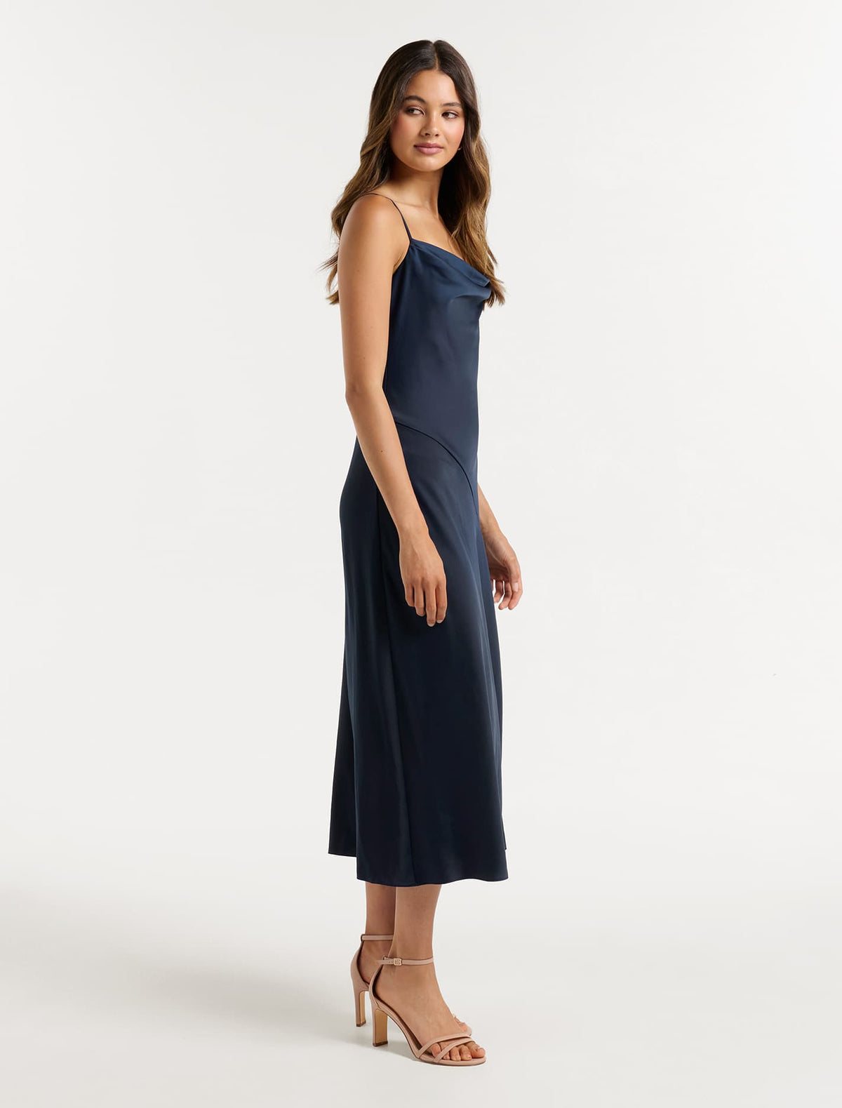 Opal Bias Cowl Satin Midi Dress Navy