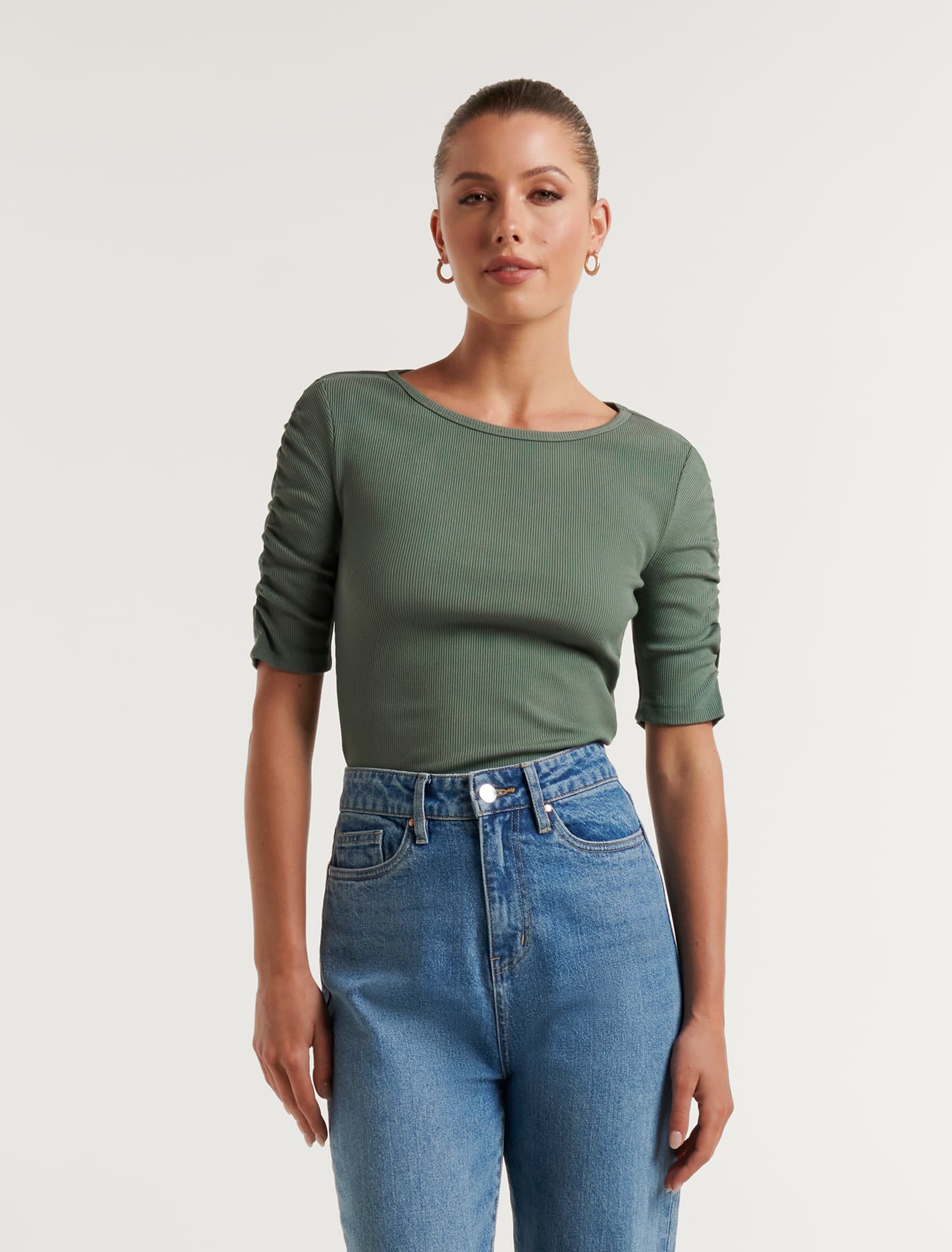 Tobi Ruched Half Sleeve Top Faded Spruce