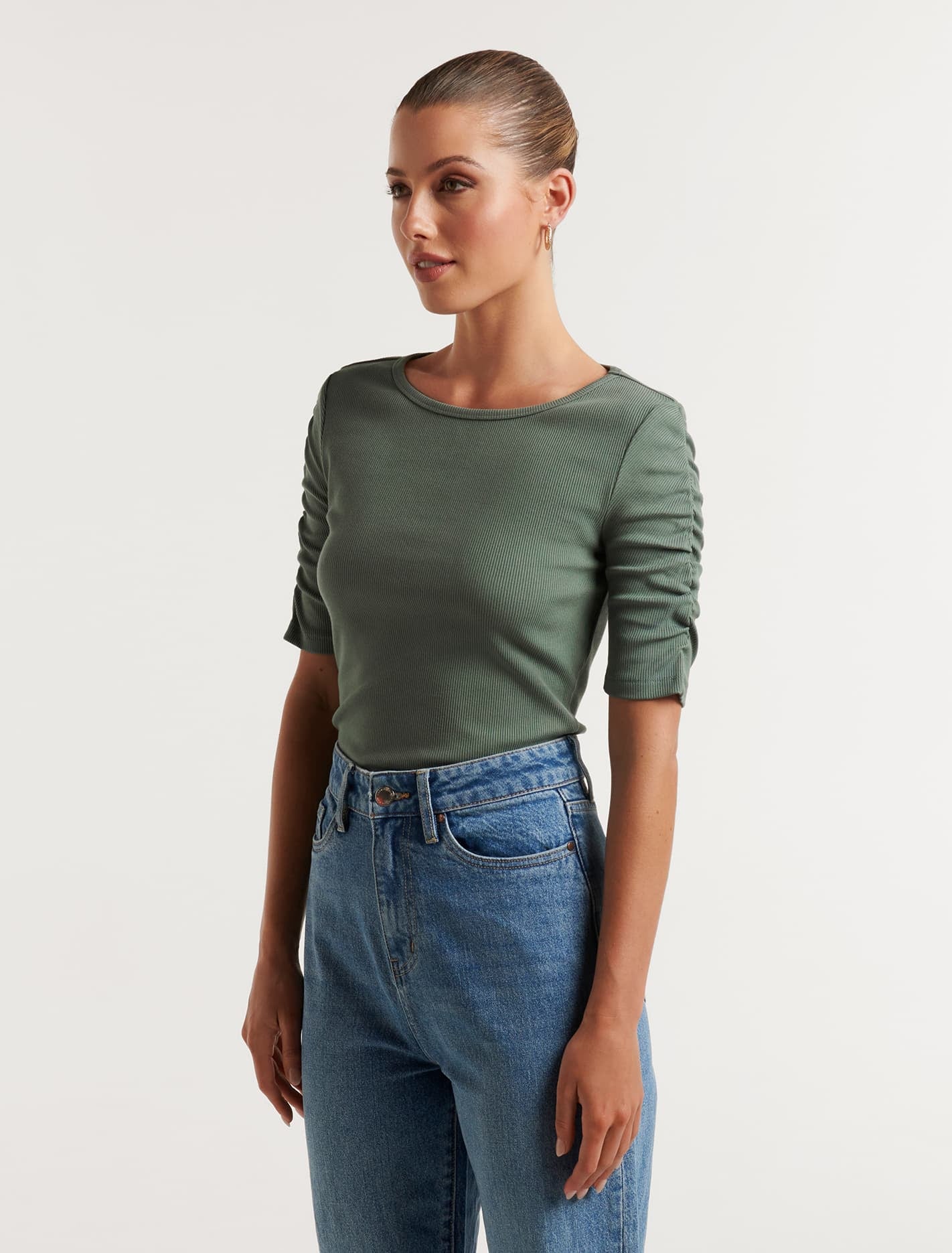 Tobi Ruched Half Sleeve Top Faded Spruce