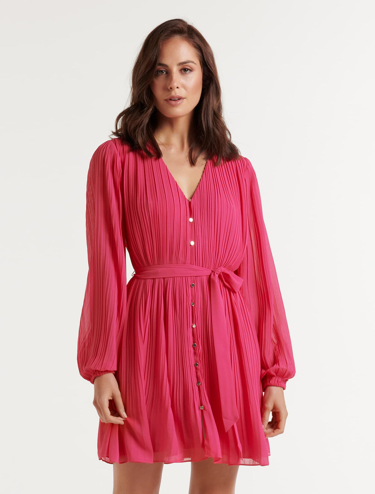 Dion Pleat Detail Mini Dress Fuchsia Pink