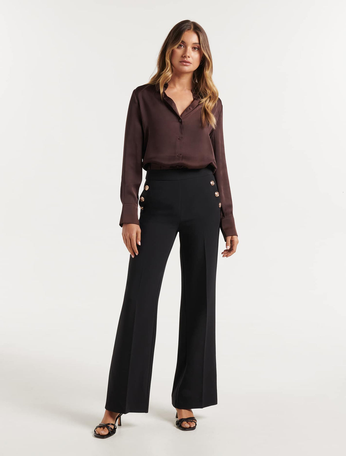 Megan Button Wide Leg Pant Black