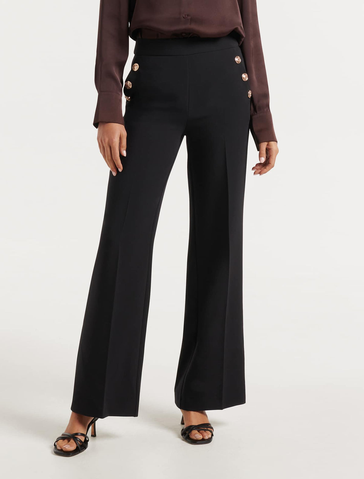 Megan Button Wide Leg Pant Black