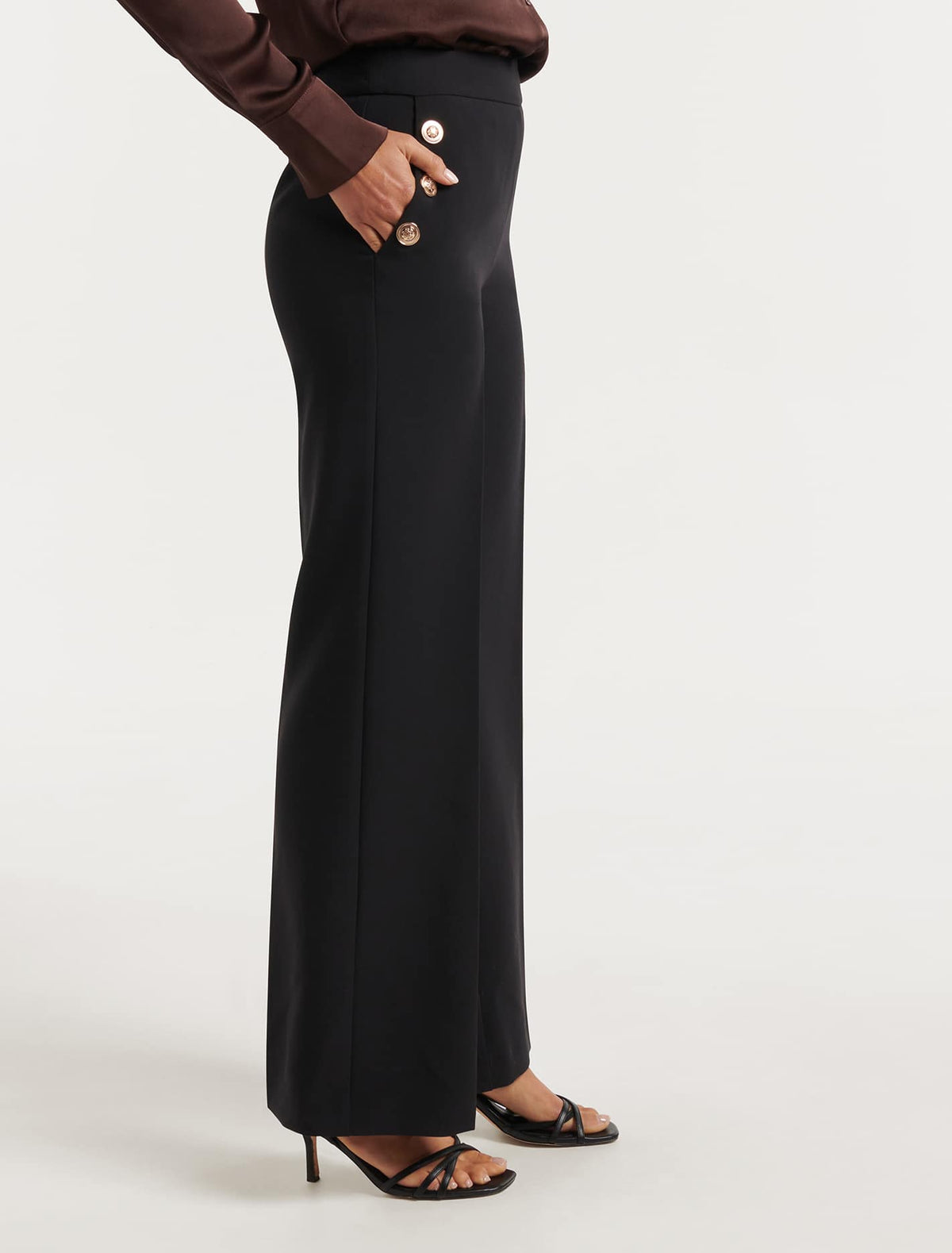 Megan Button Wide Leg Pant Black