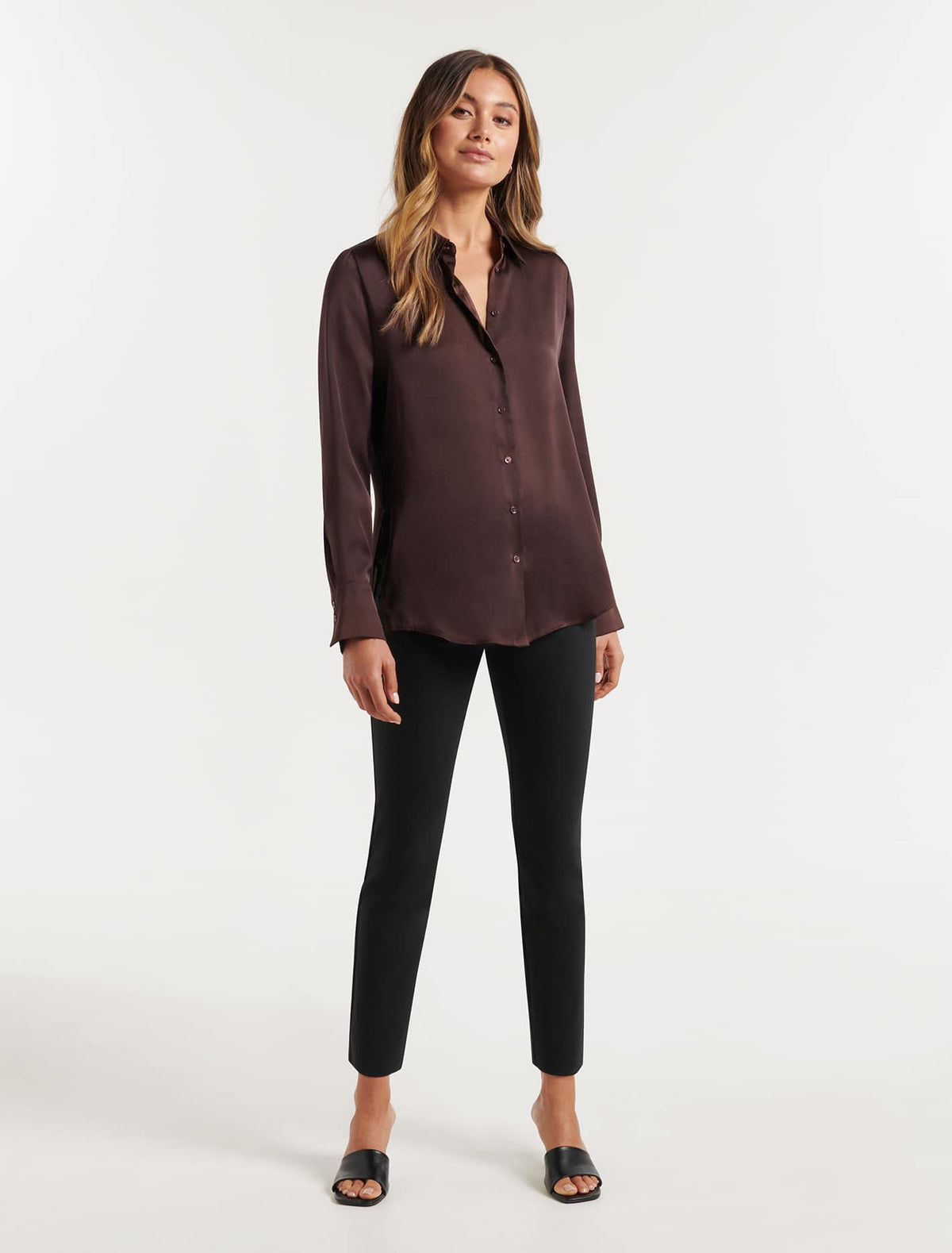 Lila Longline Satin Shirt Chocolate