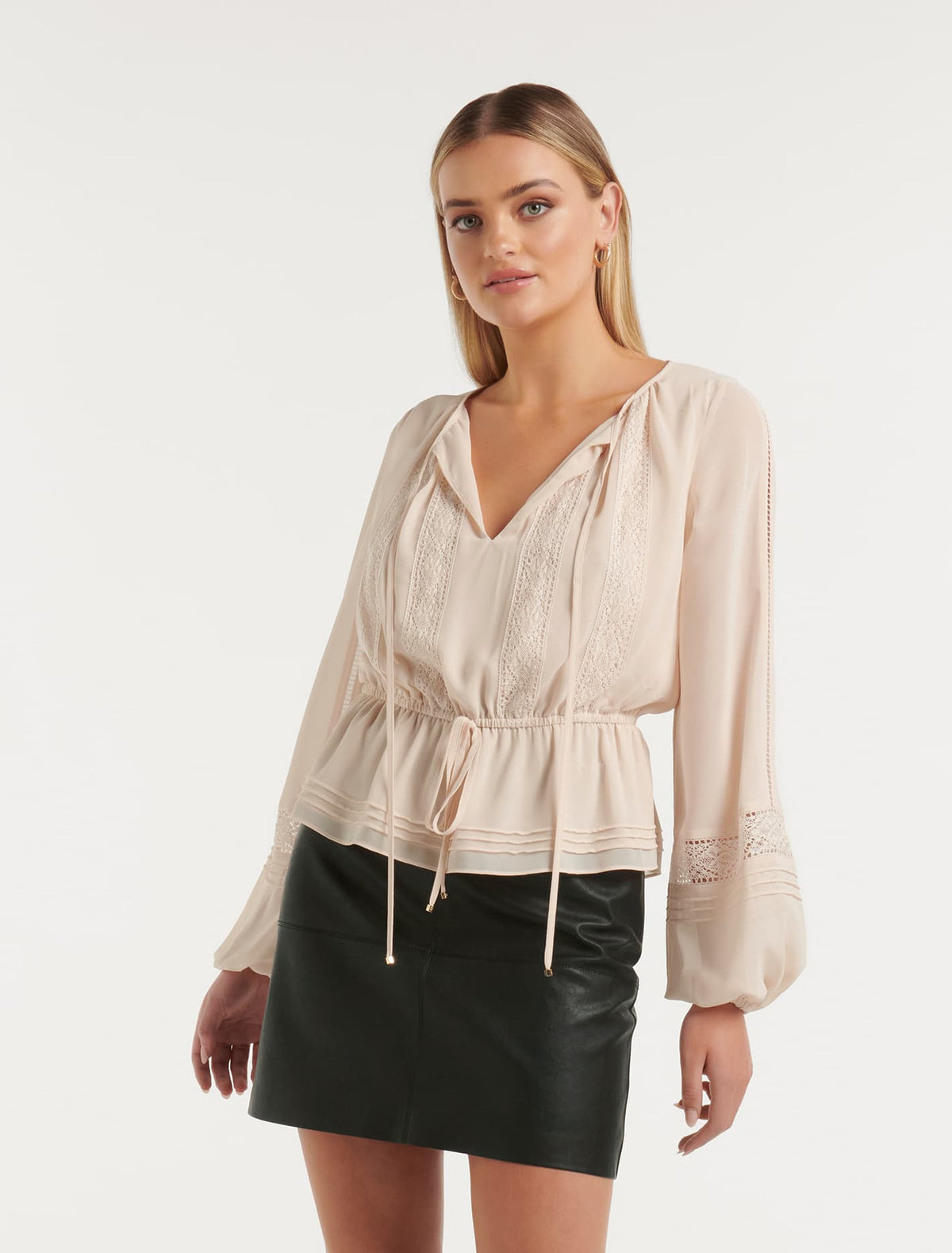 Colleen Waisted Trim Blouse Nude