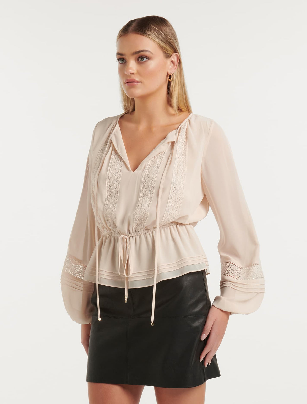 Colleen Waisted Trim Blouse Nude