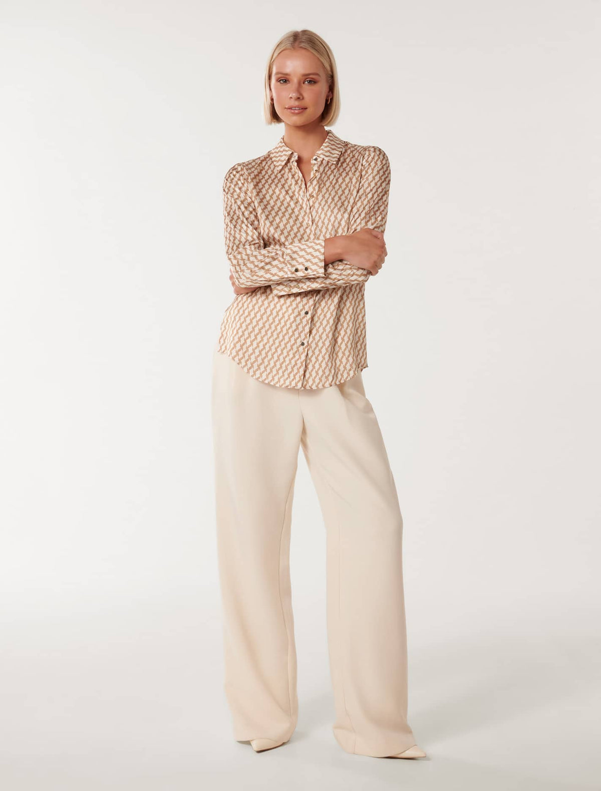 Lila Longline Printed Satin Shirt Tan Porter Geo