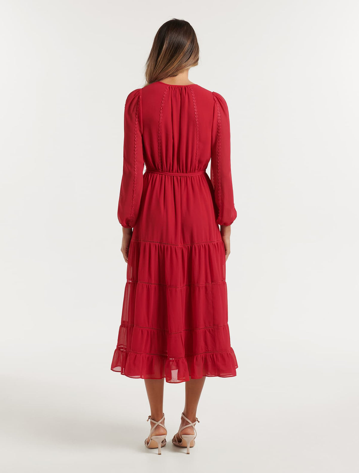 Bridget Tiered Lace Trim Midi Crimson Red
