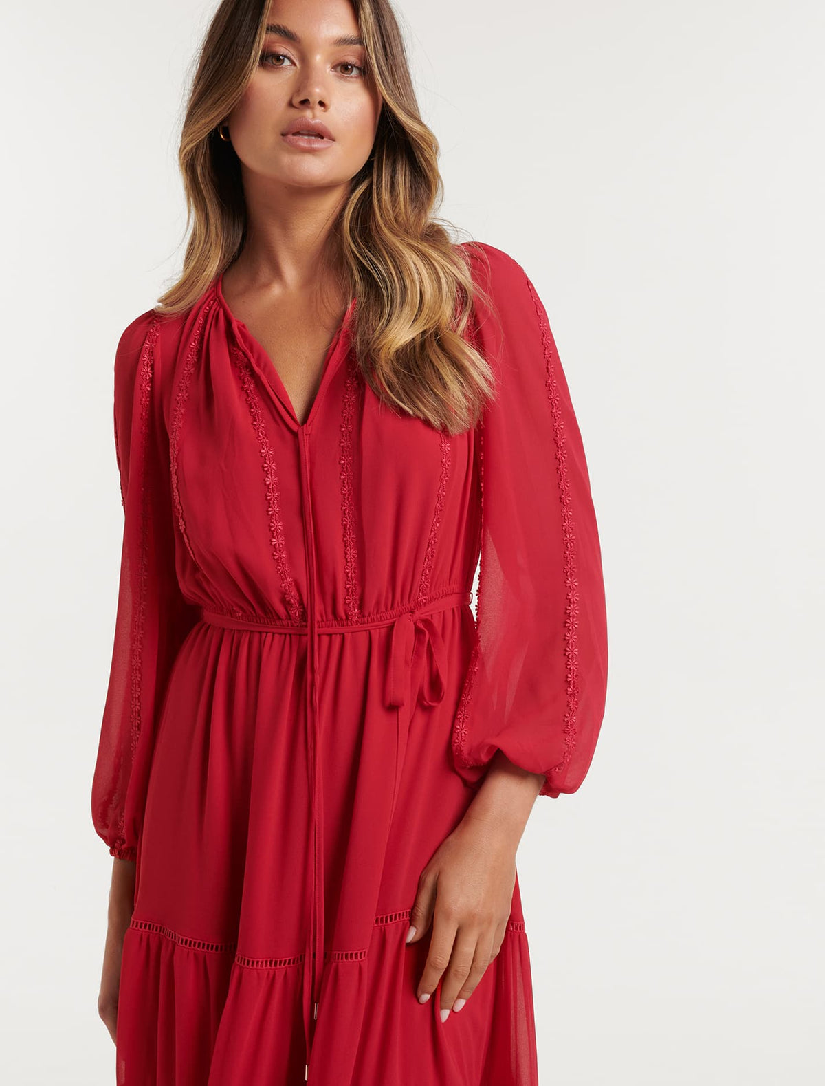 Bridget Tiered Lace Trim Midi Crimson Red