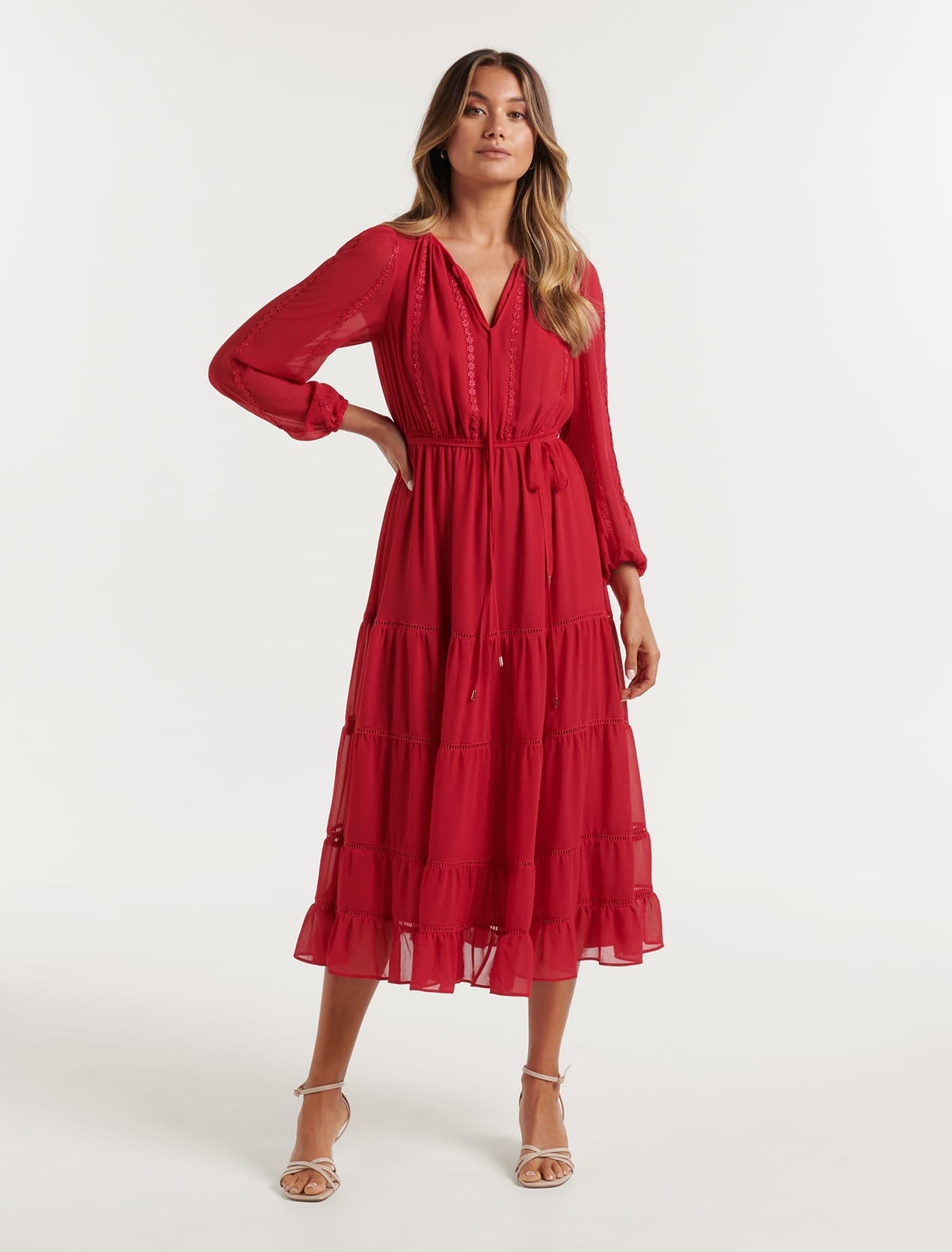 Bridget Tiered Lace Trim Midi Crimson Red