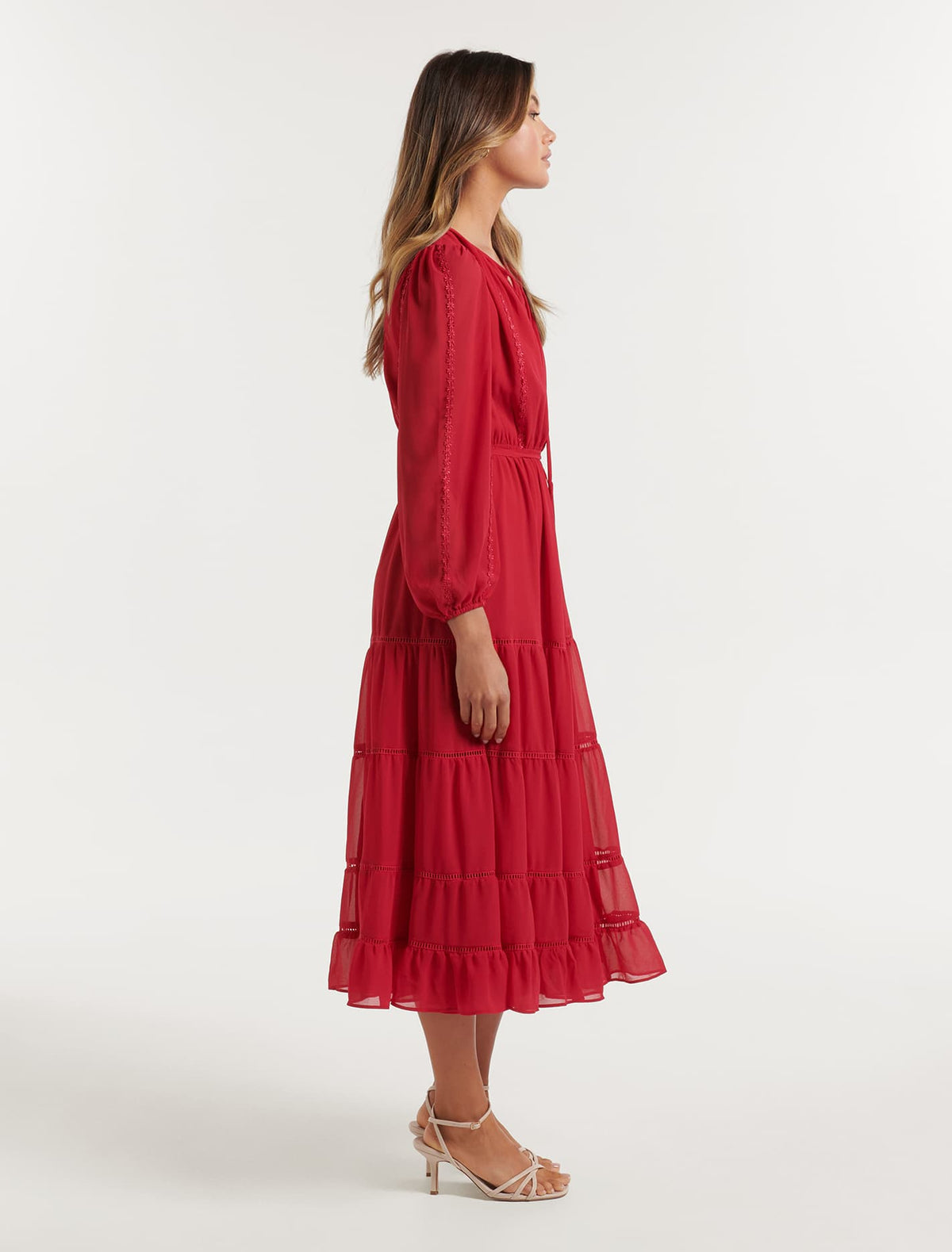 Bridget Tiered Lace Trim Midi Crimson Red