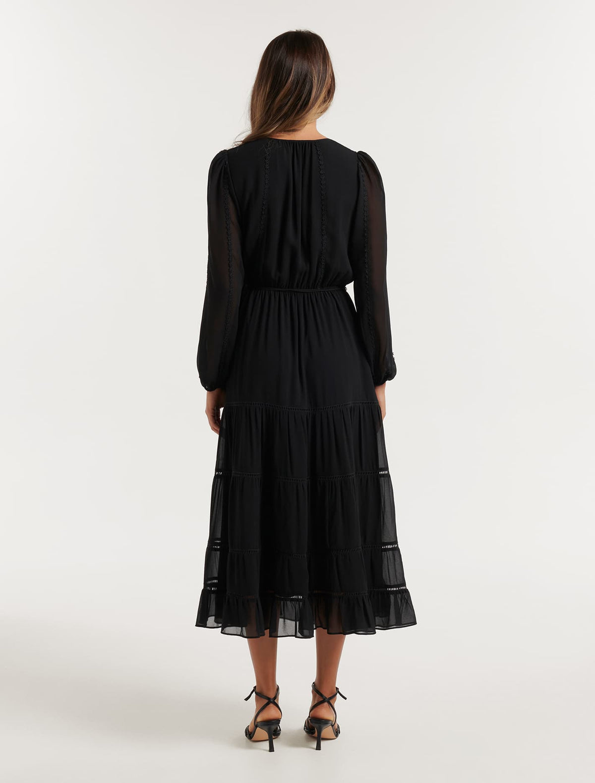 Bridget Tiered Lace Trim Midi Black