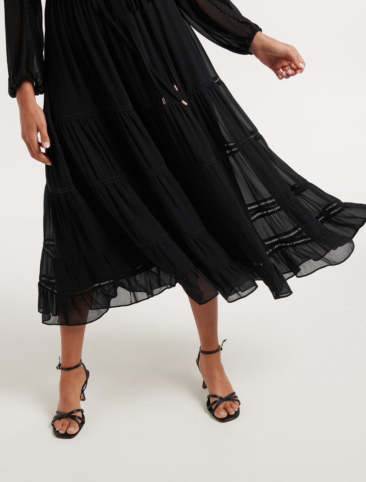 Bridget Tiered Lace Trim Midi Black
