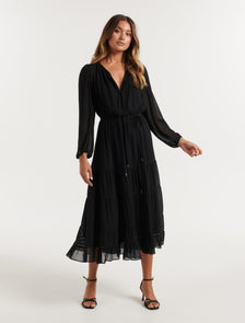 Bridget Tiered Lace Trim Midi Black