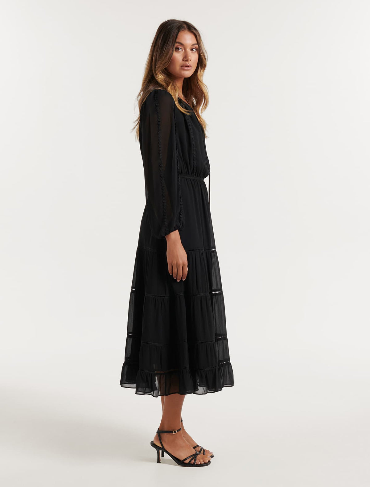 Bridget Tiered Lace Trim Midi Black