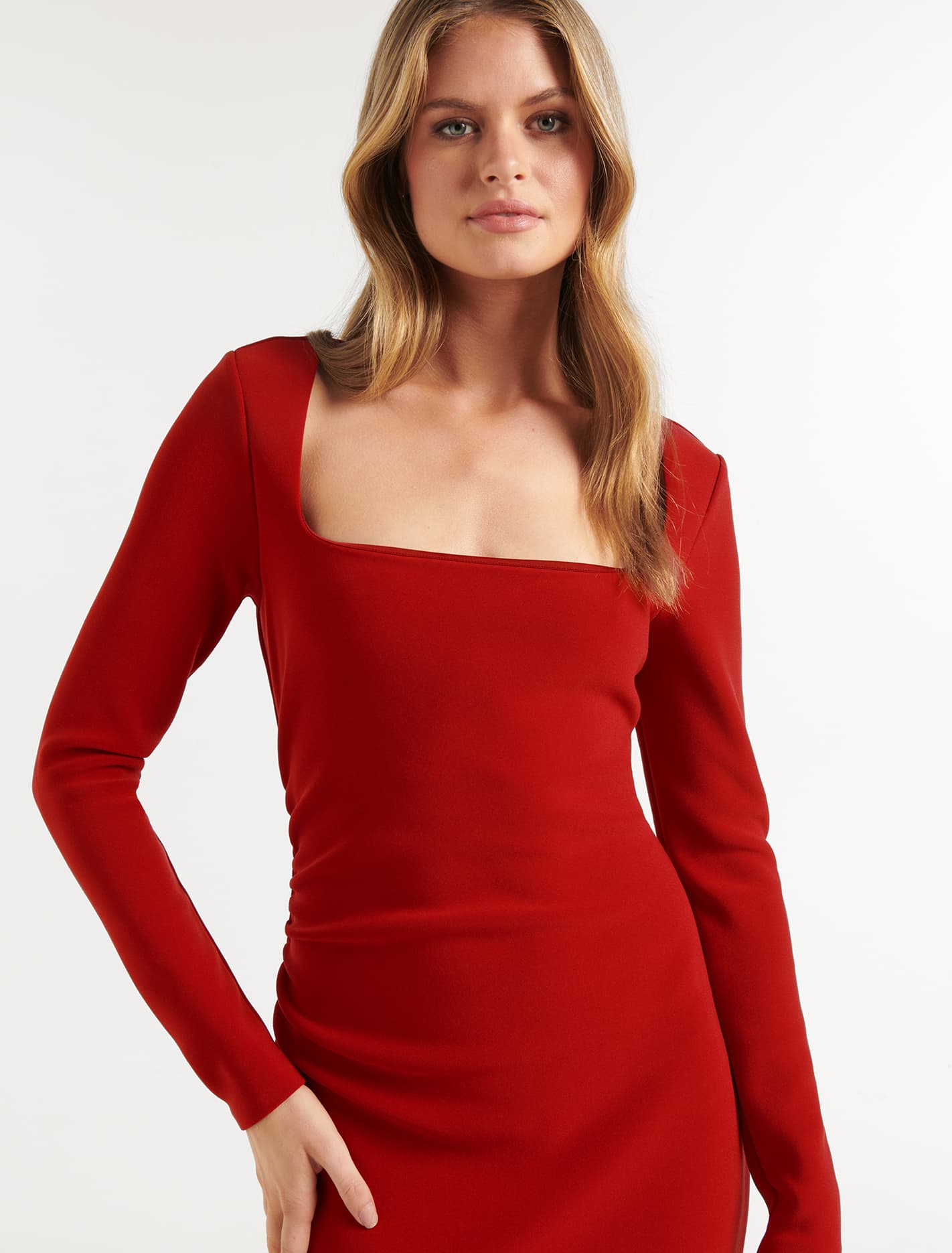 Clio Long Sleeve Midi Dress Rose Red