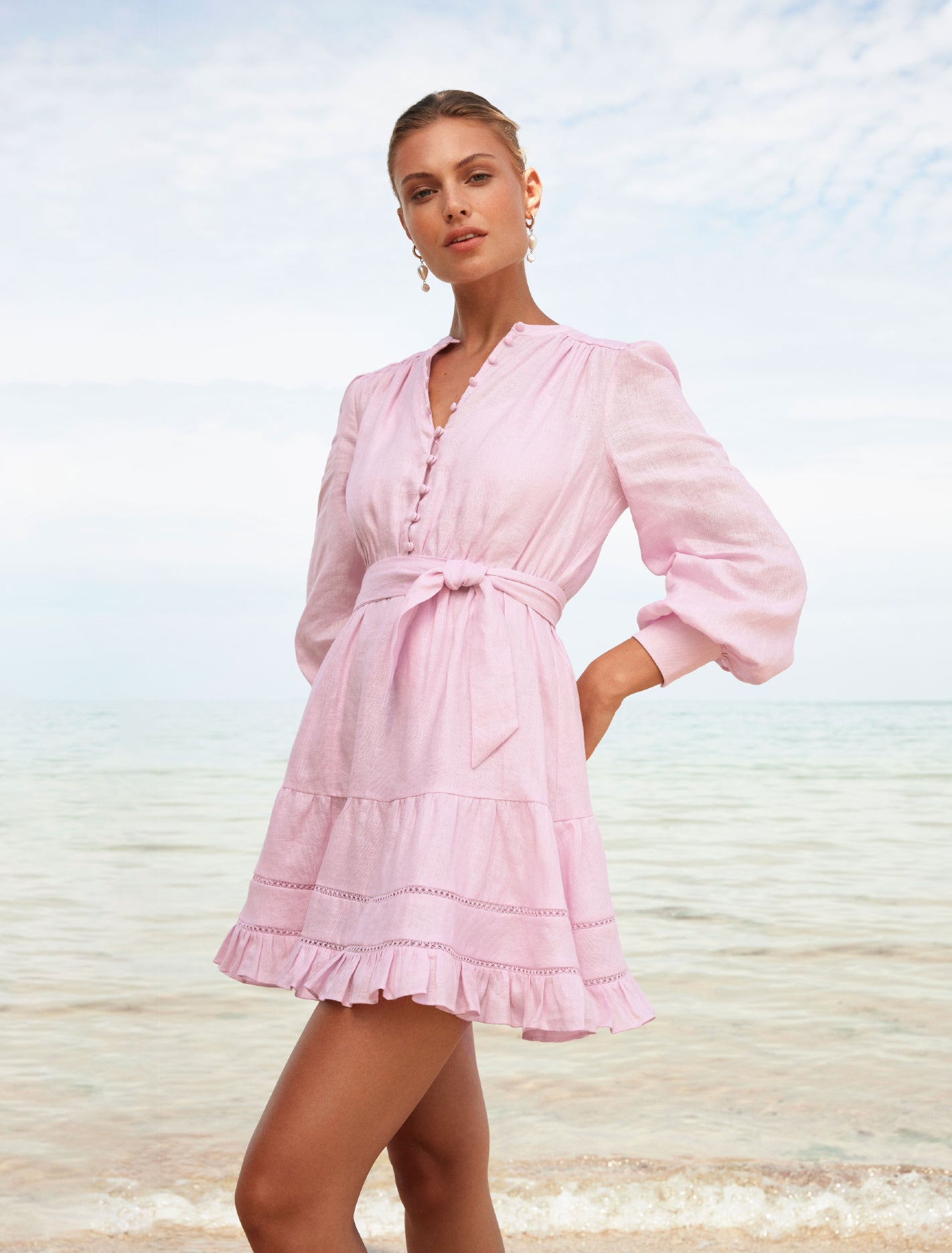 Amelia Button Up Linen Skater Mini Petal