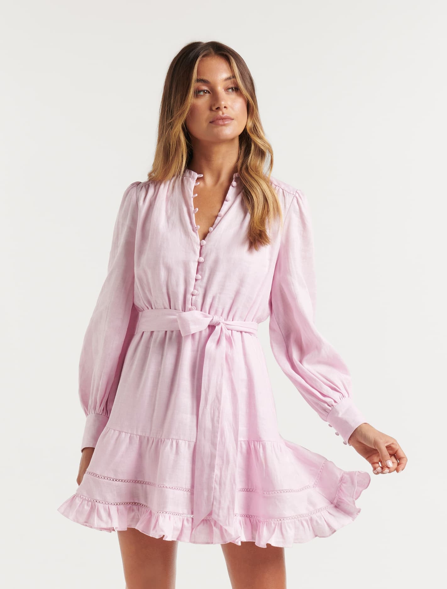 Amelia Button Up Linen Skater Mini Petal