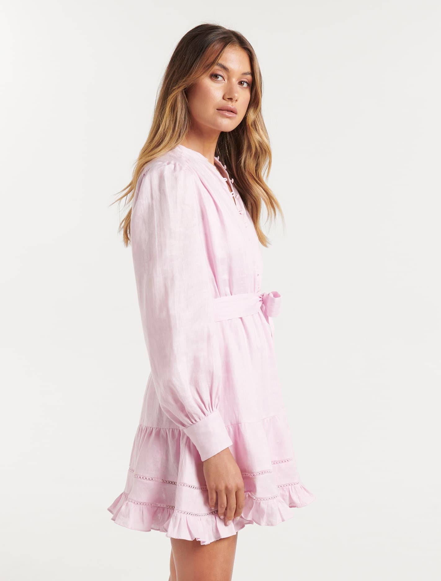 Amelia Button Up Linen Skater Mini Petal