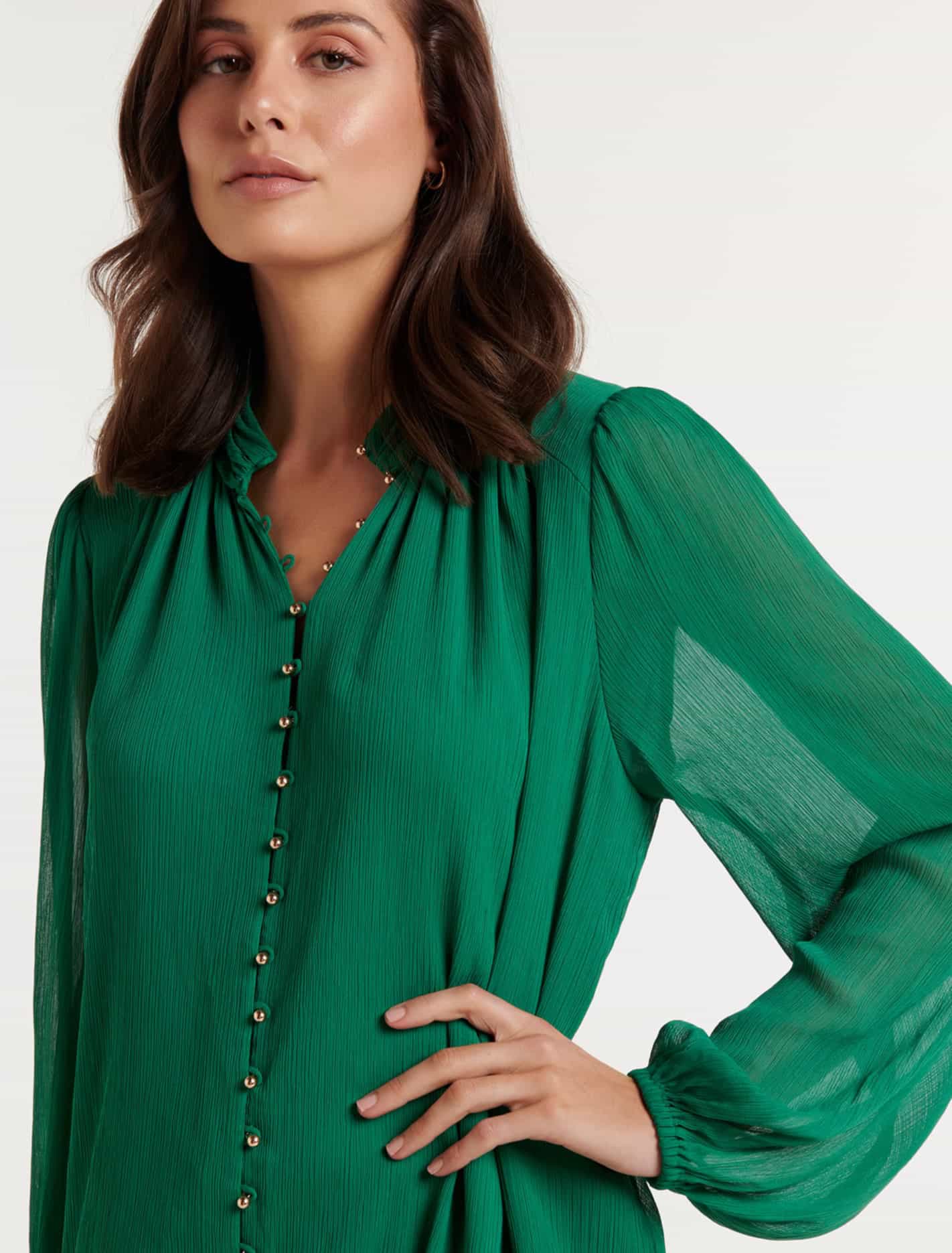 Gwen Button Detail Blouse Deep Jade