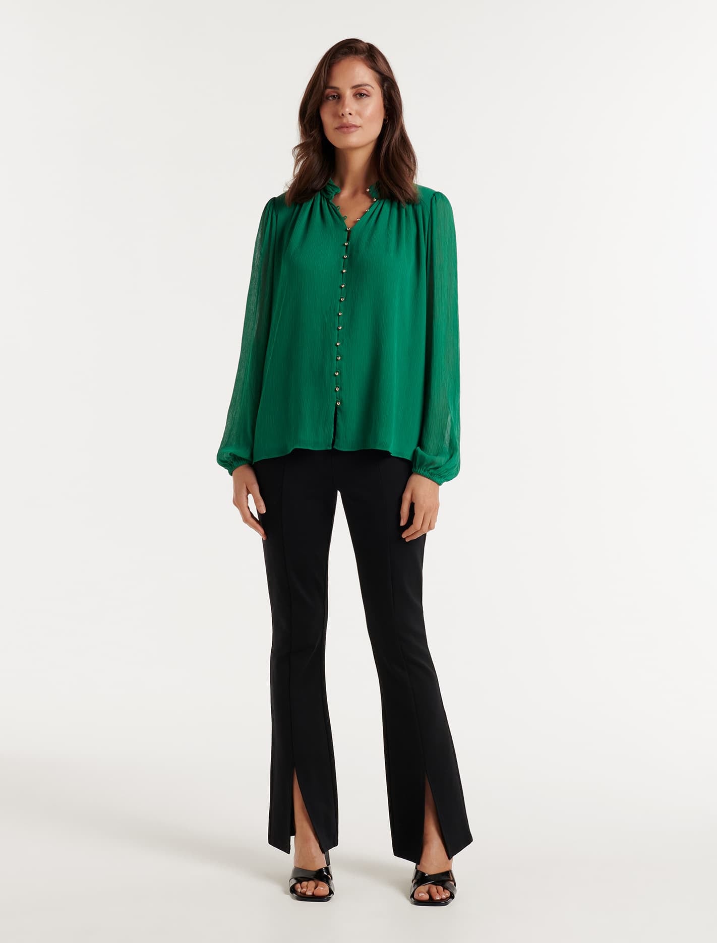 Gwen Button Detail Blouse Deep Jade