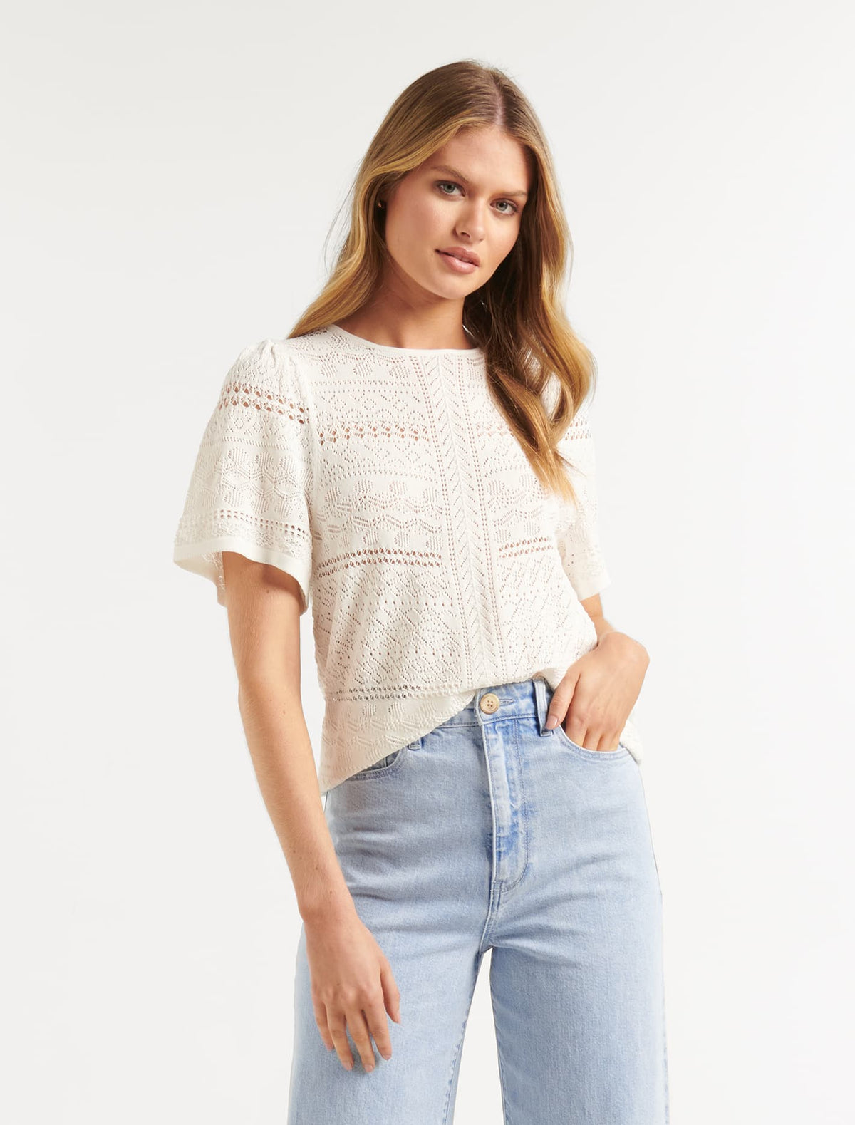 Millie Pointelle Tee Porcelain