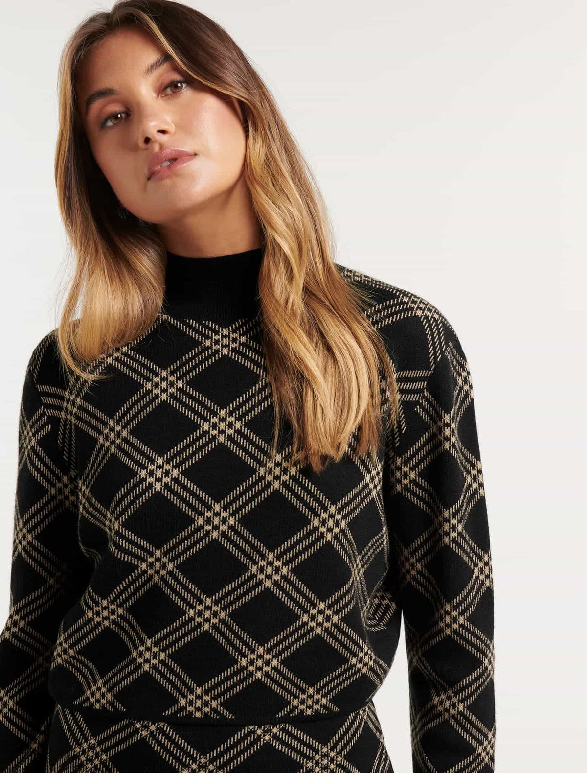 Frankie Check Knit Jumper Black and Camel