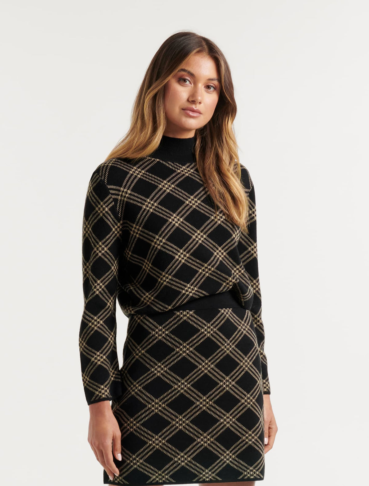 Frankie Check Knit Jumper Black and Camel
