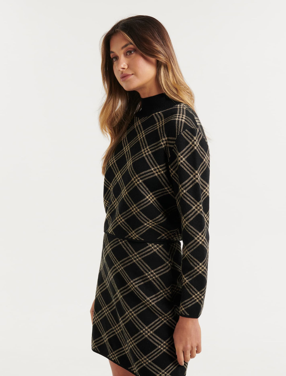 Frankie Check Knit Jumper Black and Camel