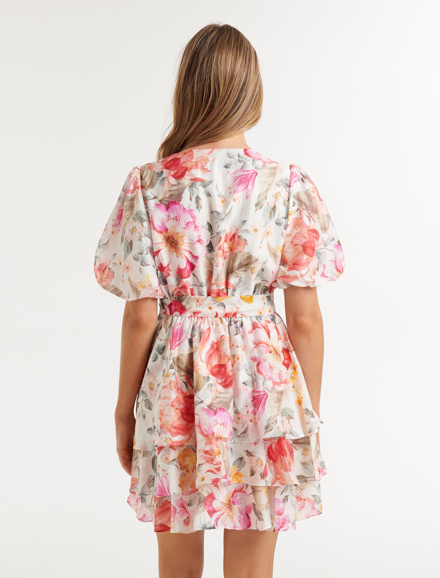 Kelsey Puff Sleeve Mini Dress Peach Haven Floral
