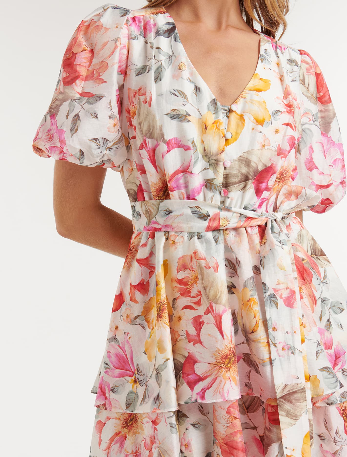 Kelsey Puff Sleeve Mini Dress Peach Haven Floral