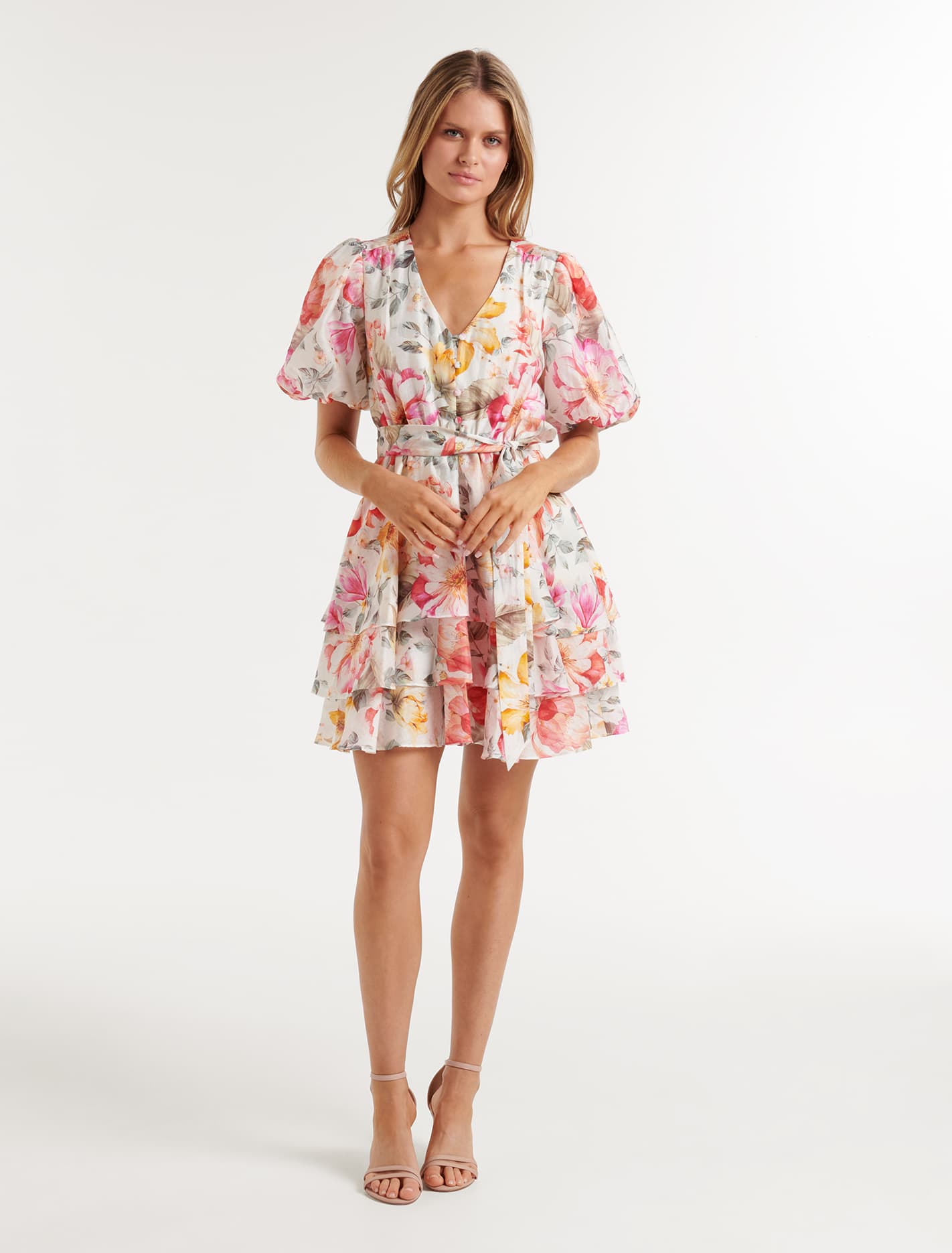 Kelsey Puff Sleeve Mini Dress Peach Haven Floral