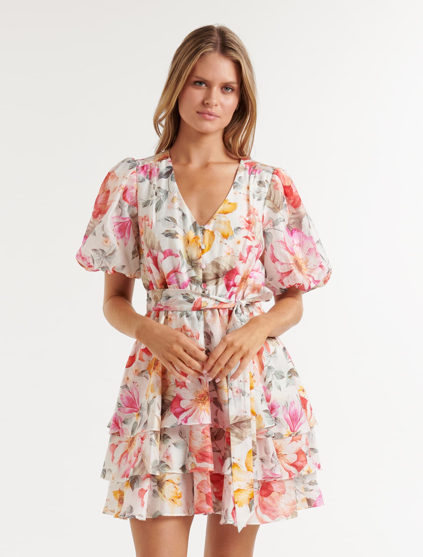 Kelsey Puff Sleeve Mini Dress Peach Haven Floral