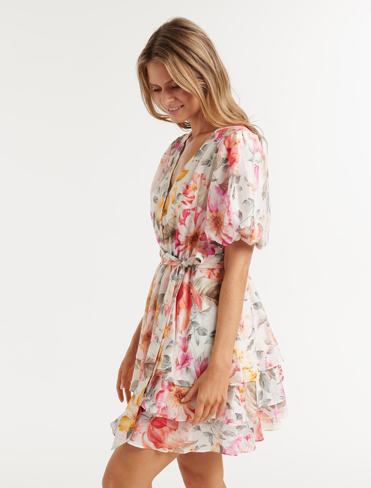 Kelsey Puff Sleeve Mini Dress Peach Haven Floral