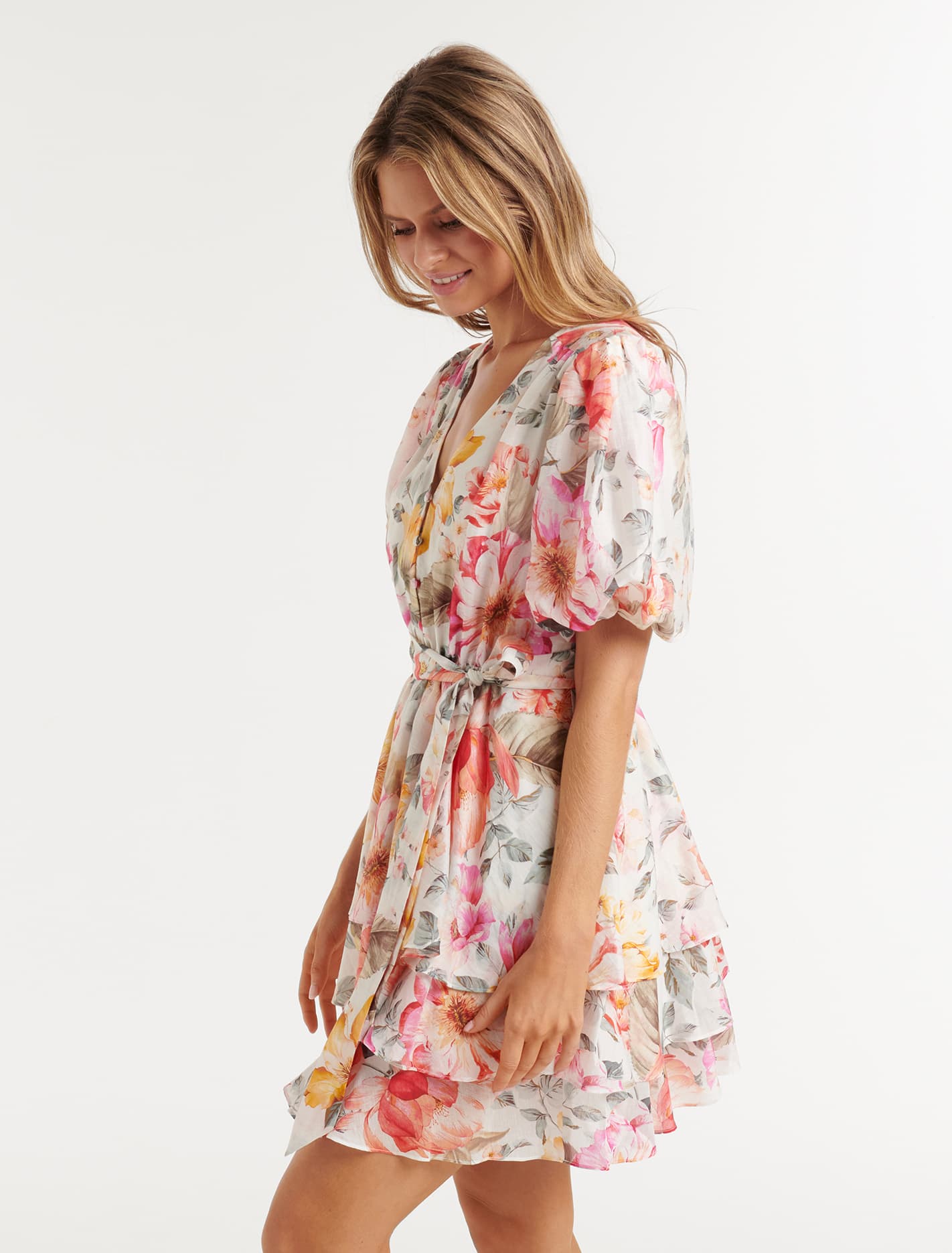 Kelsey Puff Sleeve Mini Dress Peach Haven Floral