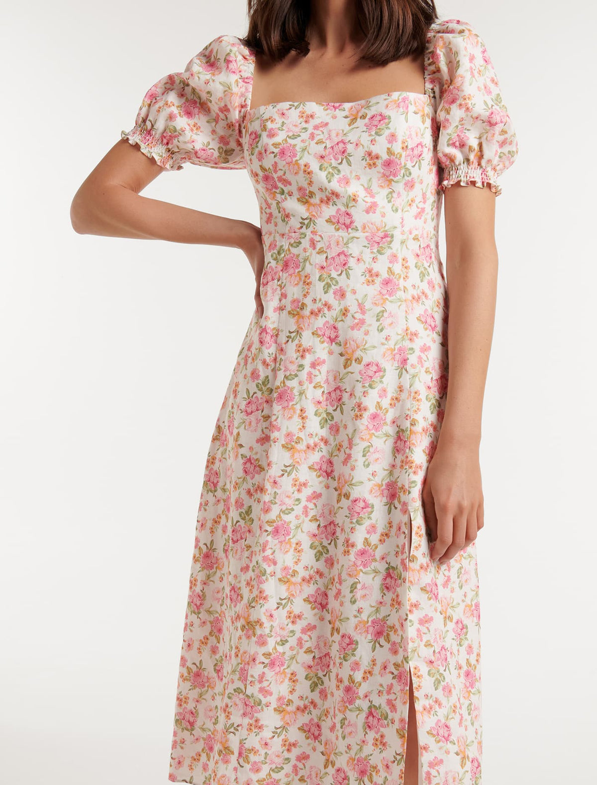Carson Linen Square Neck Midi Dress Pink Halliday Ditsy