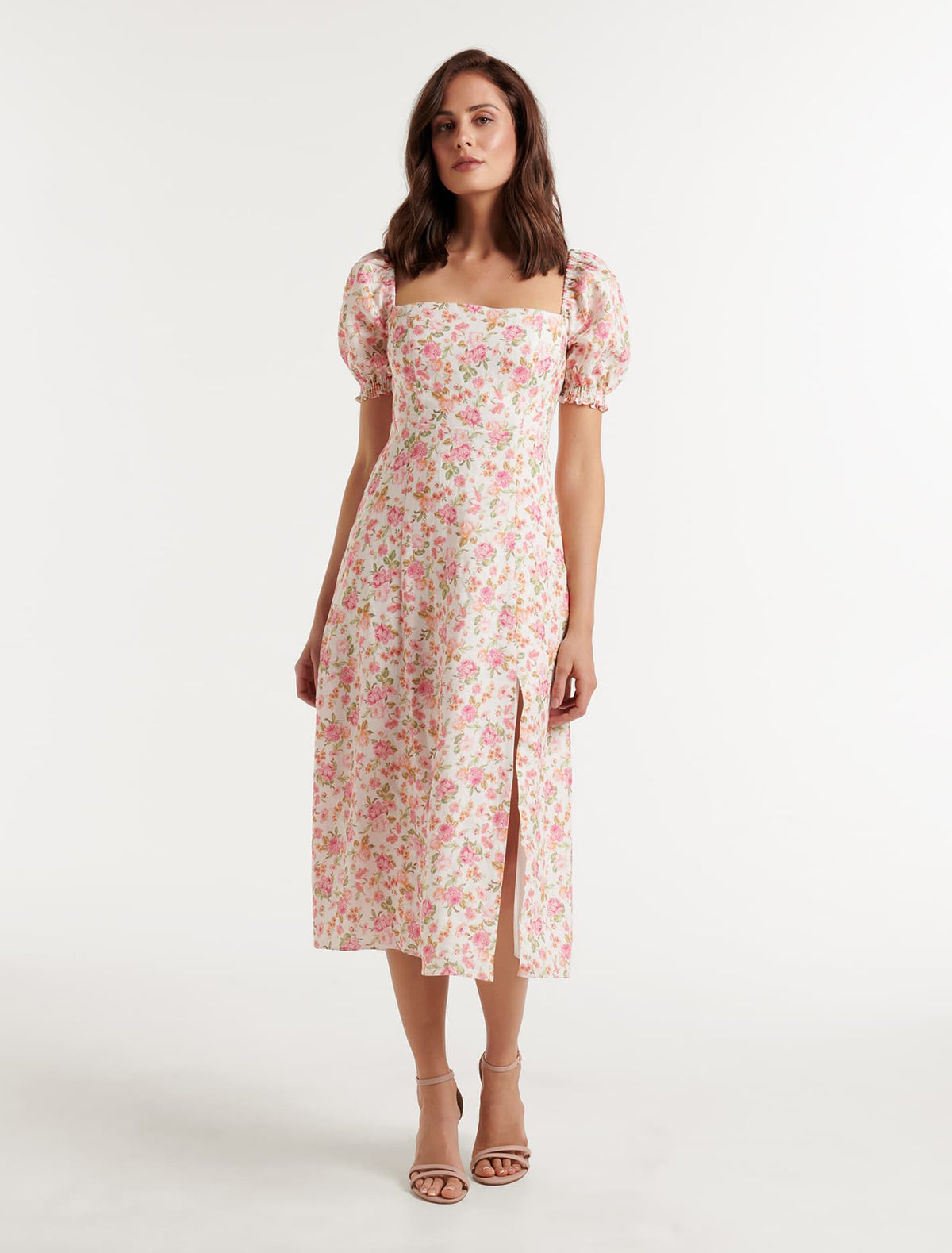 Carson Linen Square Neck Midi Dress Pink Halliday Ditsy