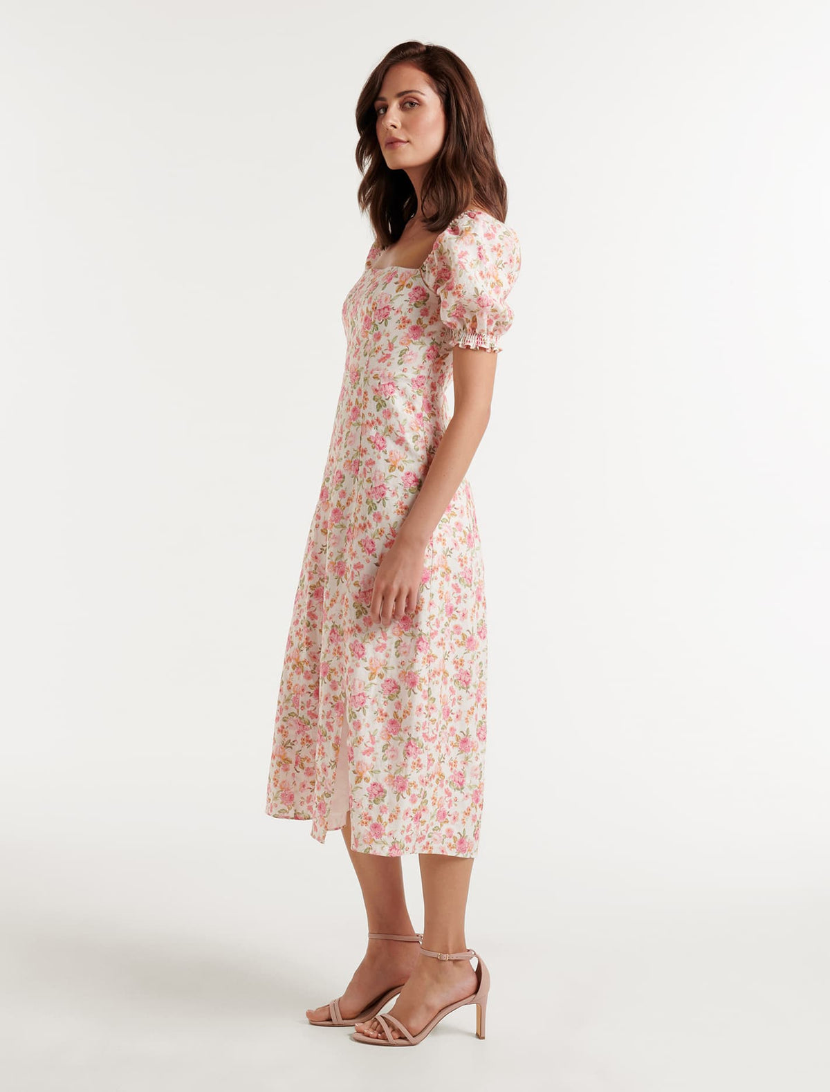 Carson Linen Square Neck Midi Dress Pink Halliday Ditsy