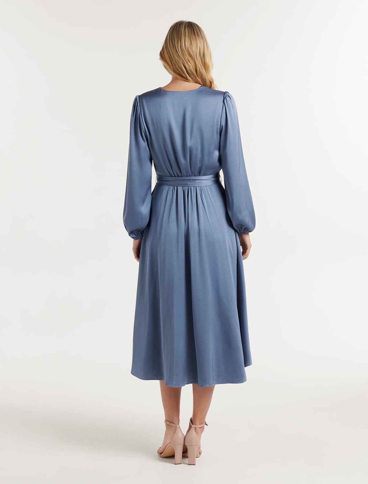 Marilyn Satin Wrap Midi Dress Dusty Blue