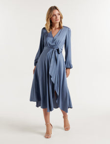 Marilyn Satin Wrap Midi Dress Dusty Blue