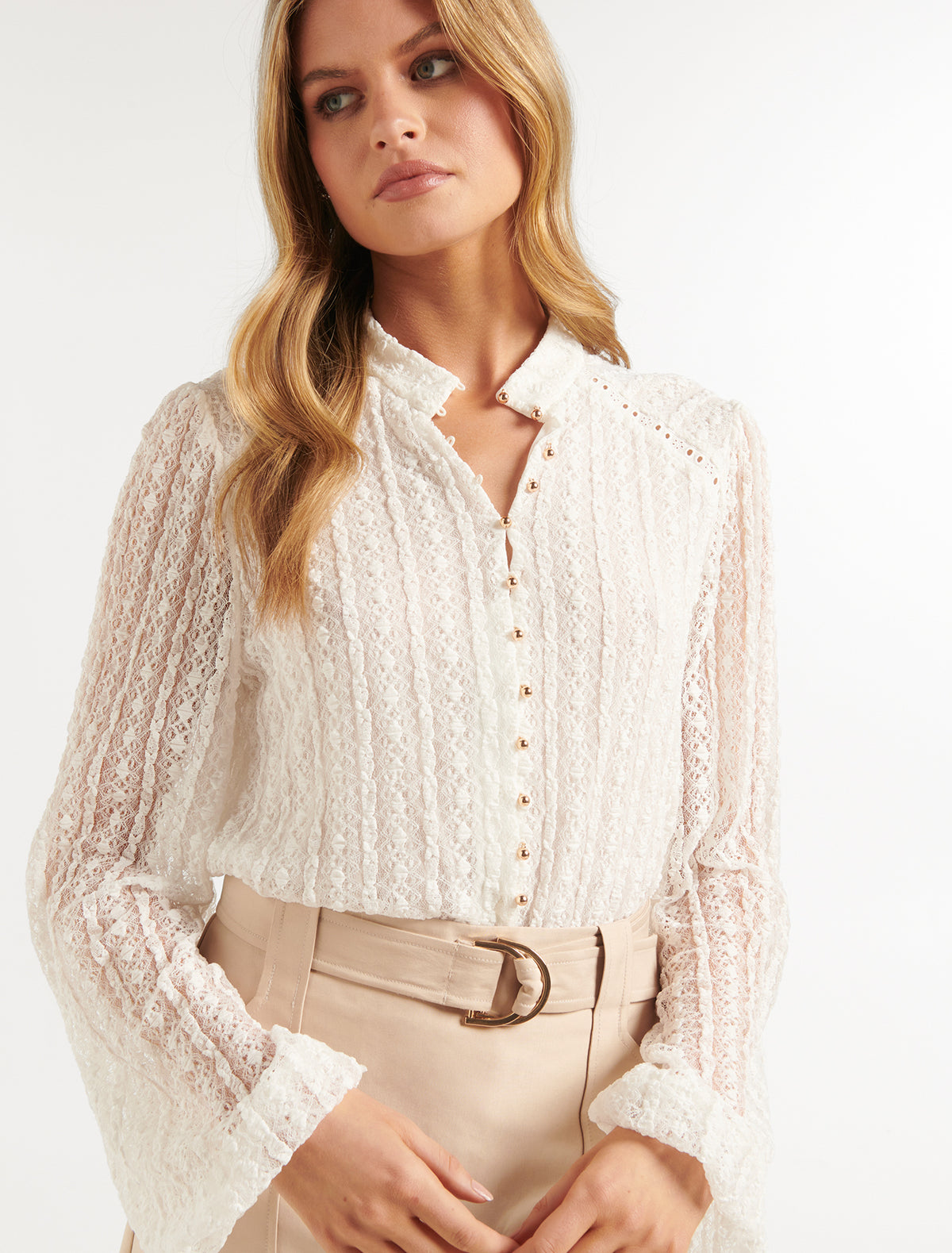 Esme Lace Button Down Blouse Porcelain