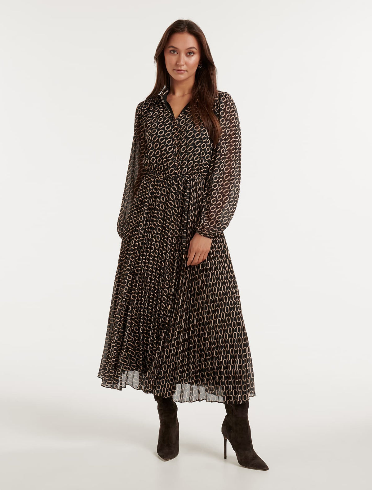 Zena Button Up Midi Dress Dark Linked Geo