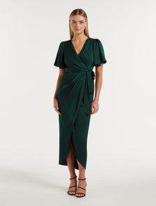Carolina Petite Satin Midi Dress Emerald Green