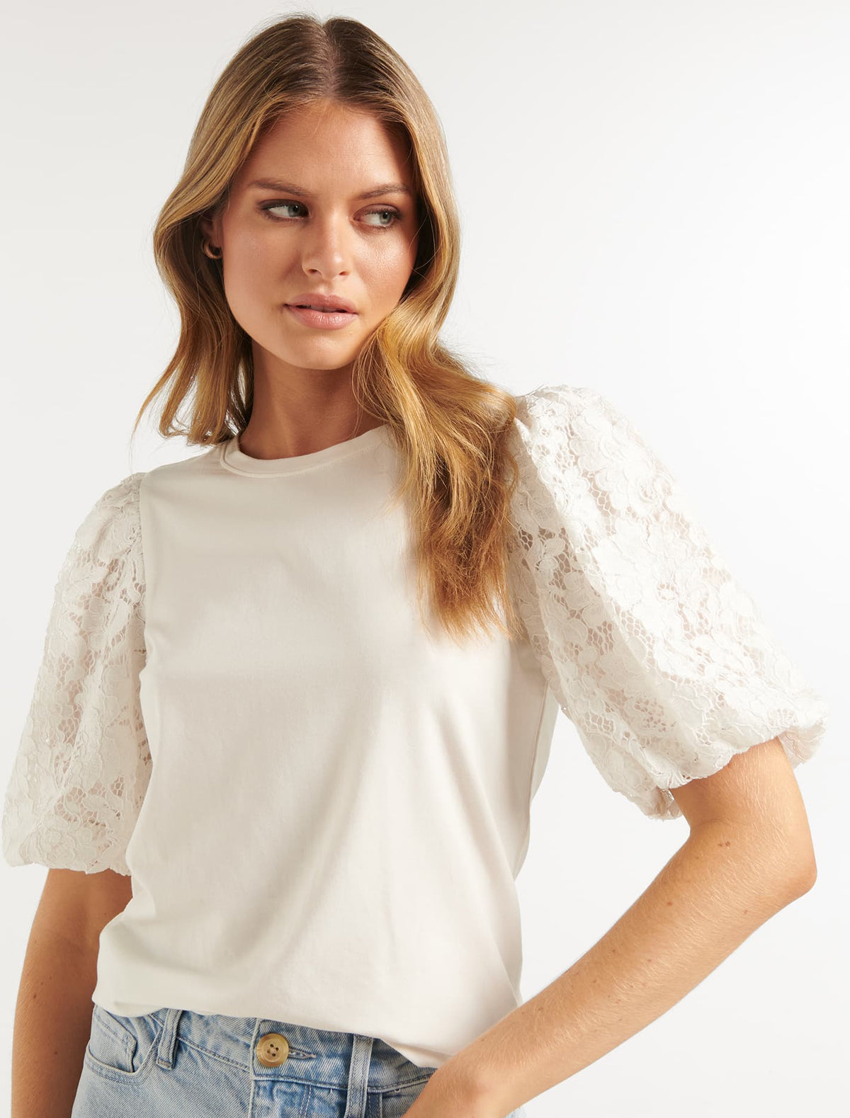 Vikki Lace Puff Sleeve Top Porcelain