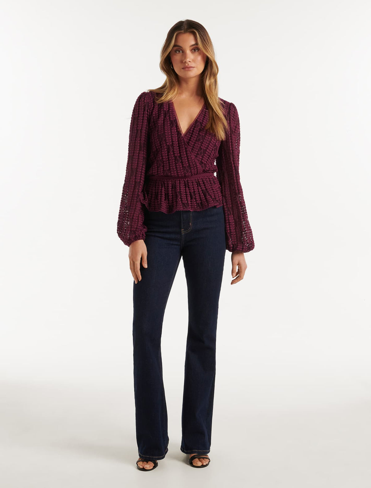 Lara Lace Wrap Blouson Sleeve Top Burgundy