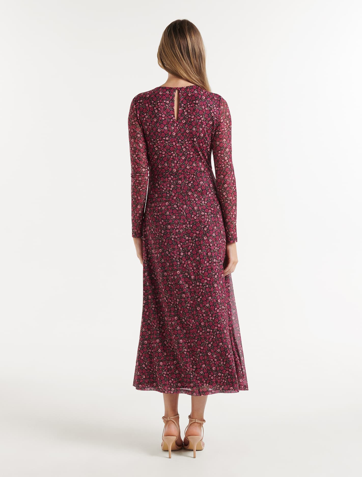 Darcy Ruched Mesh Midi Dress Rouge Addison Ditsy