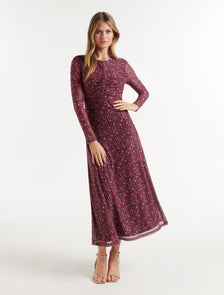 Darcy Ruched Mesh Midi Dress Rouge Addison Ditsy