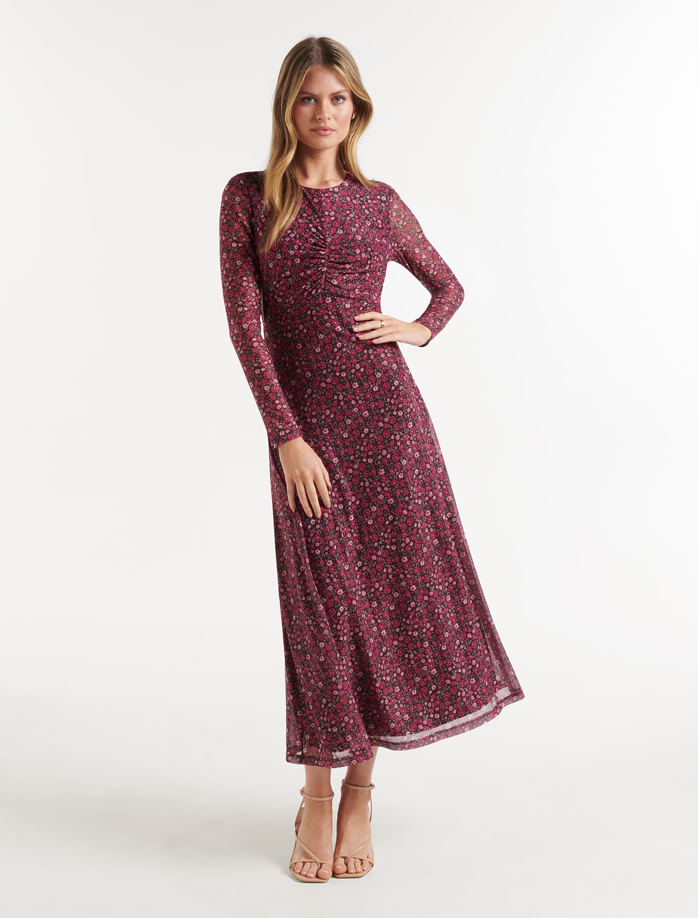 Darcy Ruched Mesh Midi Dress Rouge Addison Ditsy
